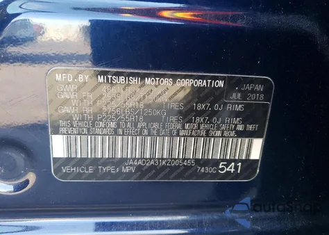 2019 Mitsubishi Outlander Es z USA, uszkodzony, nr VIN JA4AD2A31KZ005455